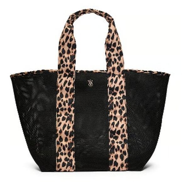 VS Victoria's Secret Leopard Mesh Tote Top Zip Closure Bag Black NEW - Picture 1 of 12